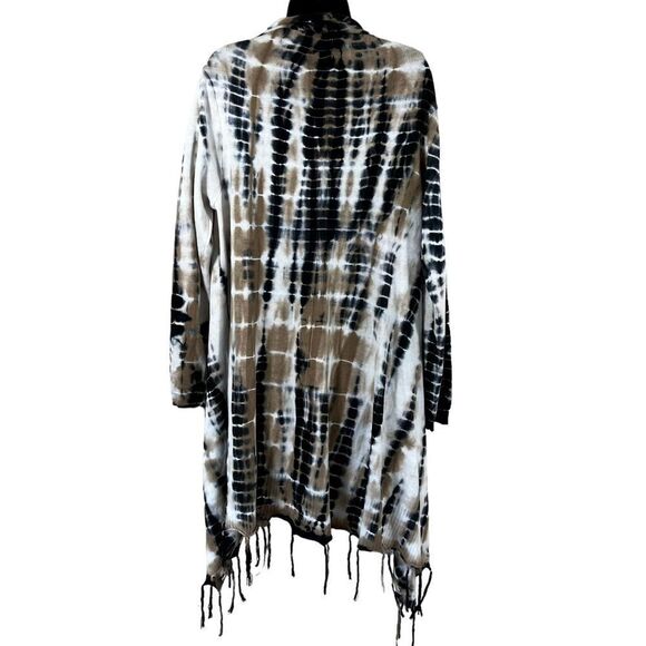 Soft Surroundings Tan Black Tie Die Fringe Open Front Drape Cardigan - Picture 7 of 8